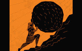 Silhouette pushing a boulder uphill at dusk